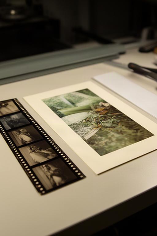 Comparativa entre un negativo de 35 mm y su copia revelada sobre una mesa de trabajo
