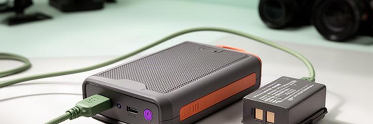 Powerbank para cámaras con cable de carga junto a una batería fotográfica