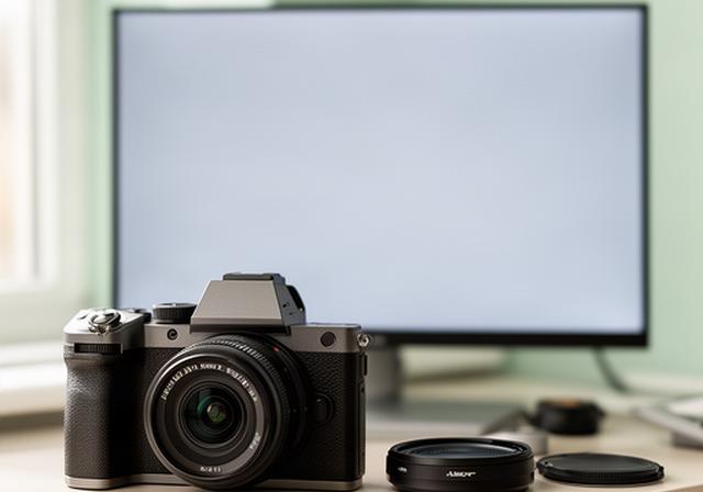 Cámara digital junto a una pantalla de gestión de pedidos en un mostrador fotográfico