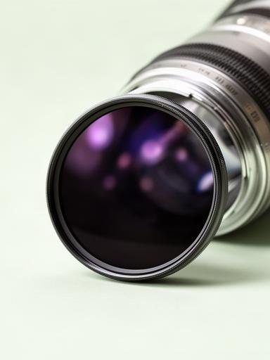 Filtro ND variable colocado junto a un objetivo fotográfico sobre una superficie clara