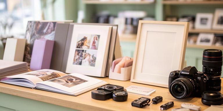 Mostrador de P.S.G. Fotografía con álbumes, marcos y accesorios fotográficos